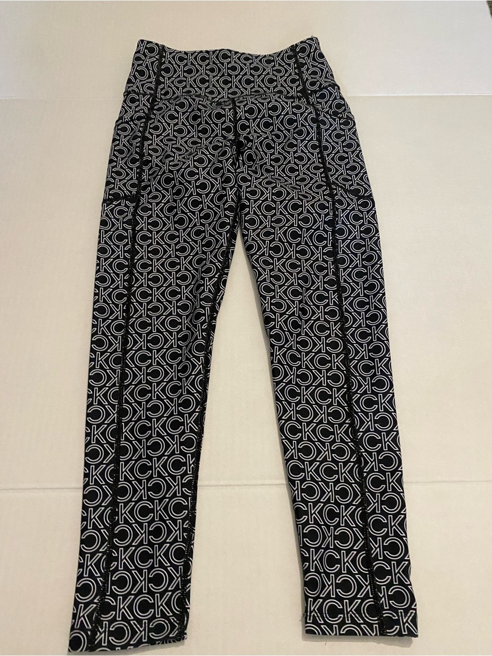 Calvin Klein Black Logo-Print Women’s High Rise Ankle Leggings Black Logo Strip